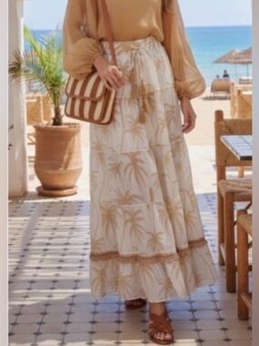 Barok Bohemian Palm Print Tiered Maxi Skirt NWT S/M Coastal Resort 100% Cotton